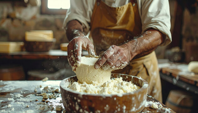 Mani artigiane che lavorano la cagliata fresca per produrre formaggio tipico in un caseificio tradizionale. Generative AI 