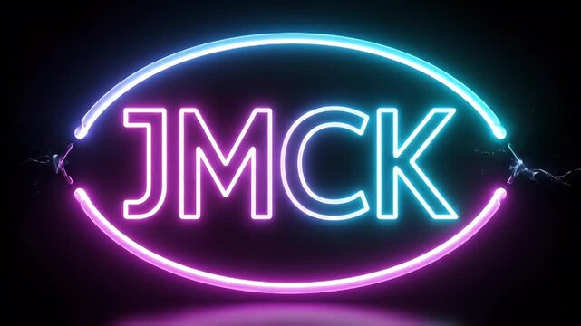 Modern Neon Sign With Letters MCK Inside Oval Shape, Glowing Pink and Blue Abstract Background