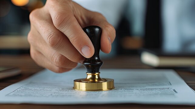 Hand pressing stamp on document to approve contract or business agreement