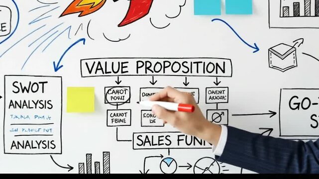Business strategy planning with SWOT analysis and value proposition.