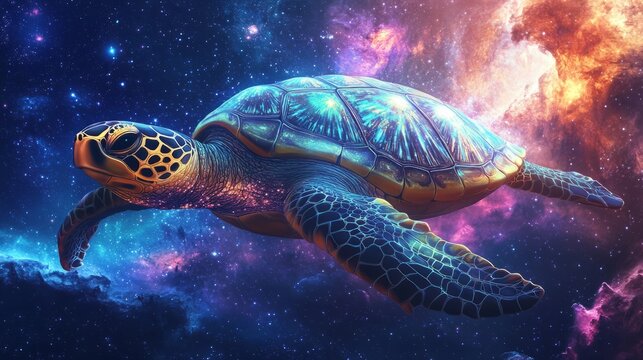 Galactic sea turtle floating through cosmic nebulae and stars