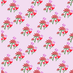 Obraz premium Seamless vector pattern featuring red flowers and pink butterflies on soft pastel background. Cute botanical repeat design for fabric, textile, wallpaper, wrapping paper and surface print.