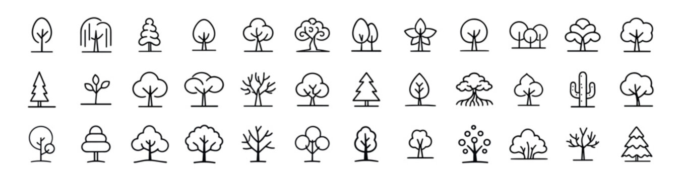Tree and nature icon set, forest silhouettes, foliage and plant symbols, minimal outline vector illustrations on transparent background