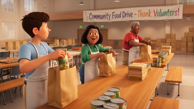 Diverse Volunteers Pack Food Donations for Community Drive, Helping Those in Need