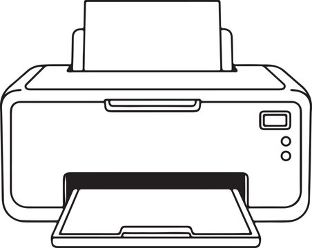 "Printer vector illustration showing paper input and output trays with control buttons symbolizing office equipment, printing, and document management"