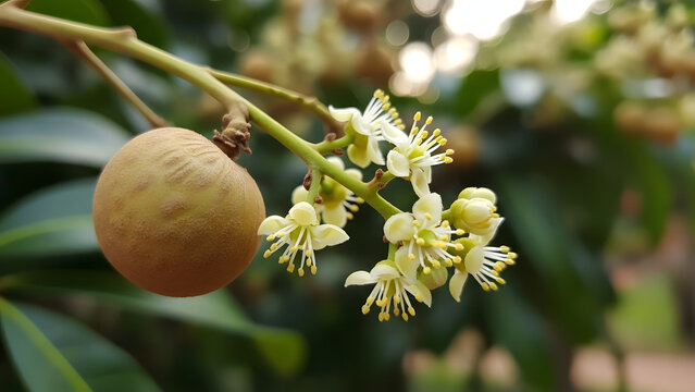 Macro view of longan fruit and delicate white blossoms on branch in sunny tropical garden