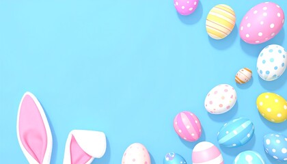 Pastel colored Easter eggs and white bunny ears on solid blue background down view