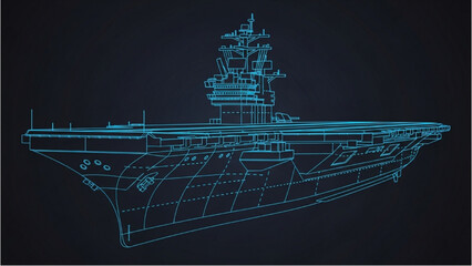 A detailed vehicle autocad blueprint of a naval aircraft carrier viewed from the side on a dark background © Stock Image Paradise