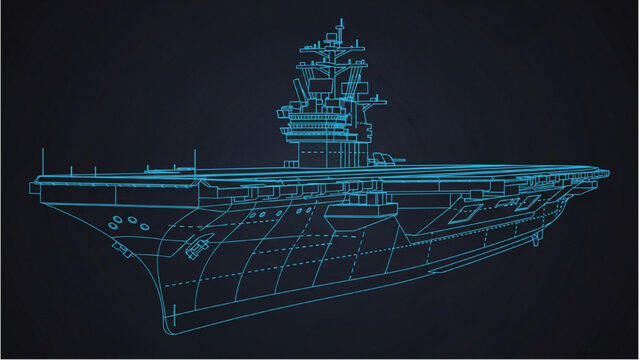 A detailed vehicle autocad blueprint of a naval aircraft carrier viewed from the side on a dark background