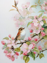 Fototapeta premium Bird perched on a branch of pink flowers with soft background in spring setting