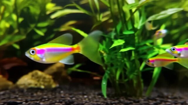 Tranquil aquarium scene with fluorescent glofish swimming among verdant aquatic plants