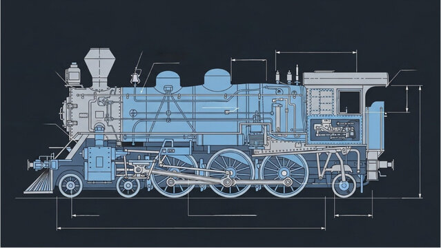 Detailed vehicle autocad blueprint of a vintage train engine with precise measurements and technical specifications