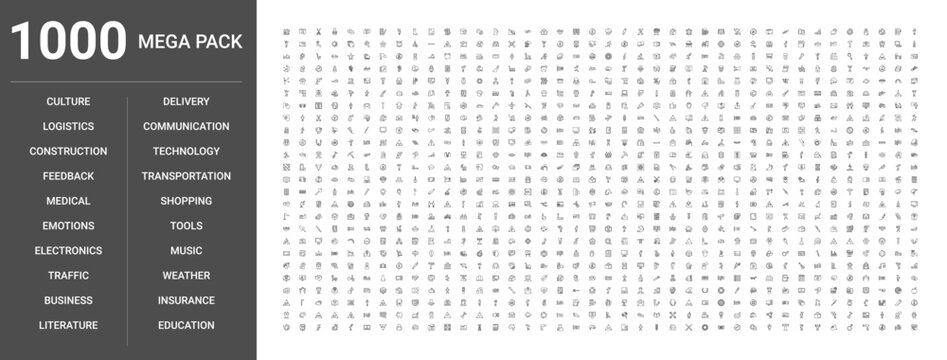 Set of 1000 thin line icons covering business, medical, education, technology, communication, transportation, construction, shopping, delivery, music, weather, emotions, tools, traffic, insurance
