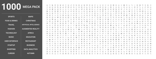 Set of 1000 thin line outline icons such as business, technology, food, drinks, education, music, fashion, shopping, travel, sports, artificial intelligence, Christmas, maps, restaurant, data analytic © Digital Bazaar