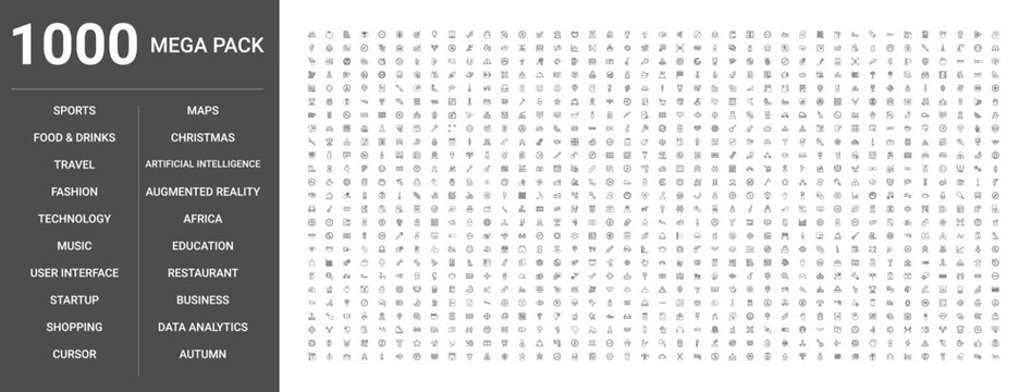 Set of 1000 thin line outline icons such as business, technology, food, drinks, education, music, fashion, shopping, travel, sports, artificial intelligence, Christmas, maps, restaurant, data analytic