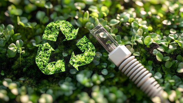 Eco-conscious technology: a recycling symbol formed by green plants beside an electronic component, representing sustainable tech and environmental responsibility.