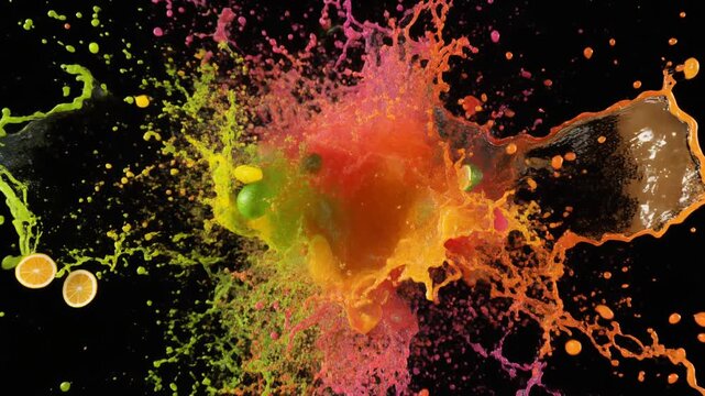 Vibrant fruit exploding into a colorful splash against a dark background with orange slices