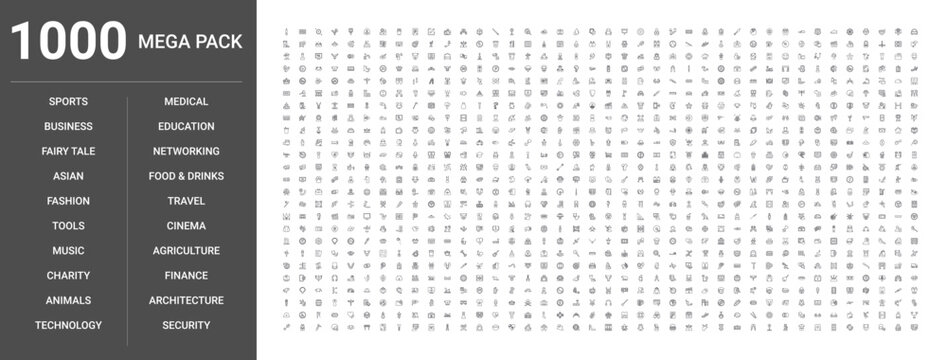 Set of 1000 thin line outline icons such as business, medical, education, food, drinks, technology, finance, travel, architecture, security, music, fashion, animals, sports, agriculture, cinema
