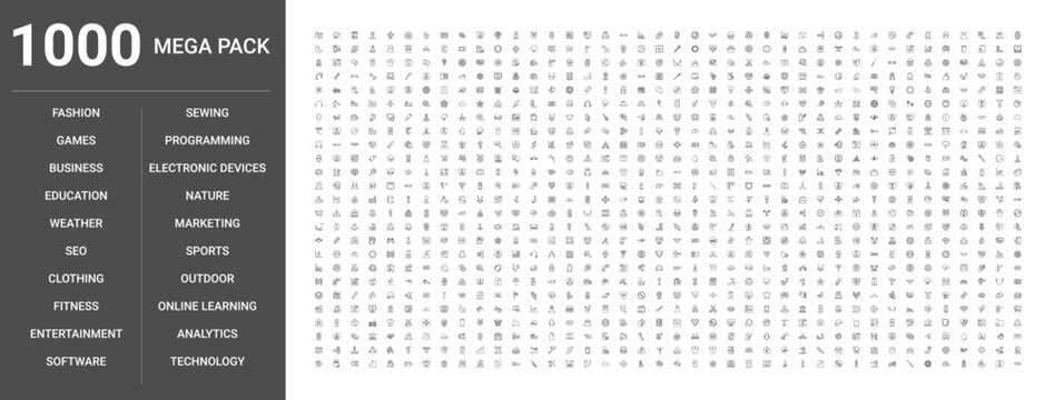 Set of 1000 thin line icons for business, technology, education, weather, fitness, entertainment, nature, clothing, programming, seo, analytics, sewing, online learning, sports, fashion, outdoor