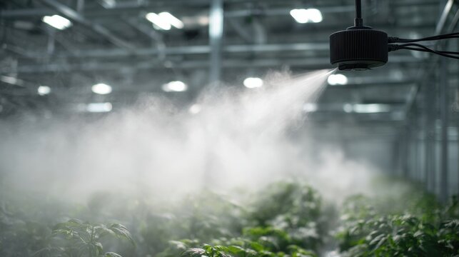 Overhead misters creating uniform fog across plant rows, high ceiling industrial greenhouse with LED fixtures and ductwork, humid warm atmosphere and automated climate control maintaining steady
