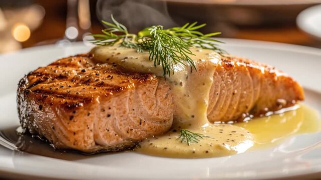 Perfectly grilled salmon fillet served with creamy sauce and fresh dill on