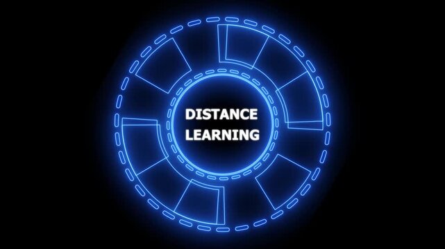 Distance education remote learning e-learning.Glowing blue neon line circle animation.4k animation motion graphics video.