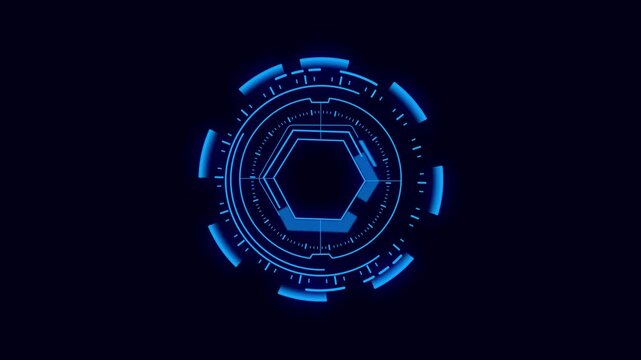 Futuristic digital hexagon target with glowing blue  circuits on black background for technology and innovation concepts