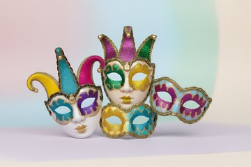 Colorful Venetian Style Purim Masks Isolated on Pastel Background