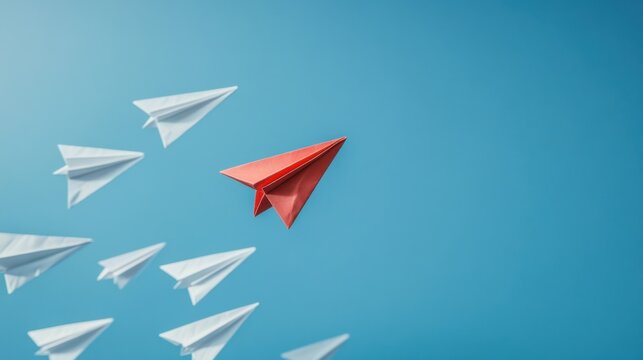 Paper plane leads, Guiding flight with clarity, Aircraft flying in synchronized formation conveying direction, Crimson paper aircraft navigating along coordinated routes in open sky