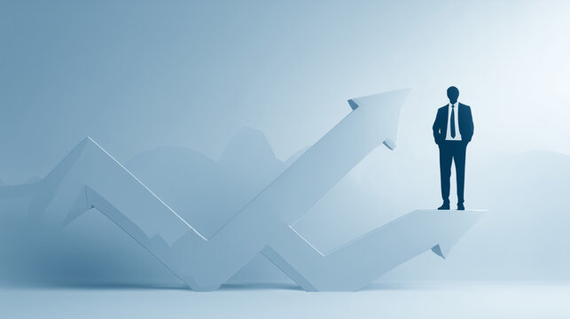 Navigating Success: A silhouette of a businessman confidently stands atop an upward-pointing arrow, symbolizing growth and ambition, within a modern, clean environment.