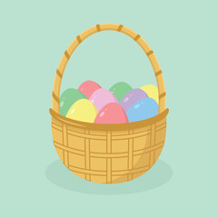 Easter basket filled with colourful eggs. Easter holiday element. Happy Easter vector illustration.