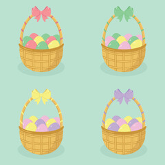 Set of Easter baskets filled with colourful eggs and decorated with the bows. Easter holiday elements. Happy Easter vector illustration.