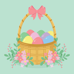 Easter basket filled with colourful eggs and decorated with bow and flowers. Easter holiday element. Happy Easter vector illustration.
