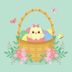 Easter basket filled with colourful eggs and cute hatched chick. Easter holiday element. Happy Easter vector illustration.