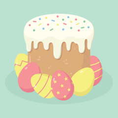 Easter cake with icing and coloured eggs around. Easter holiday elements. Happy Easter vector illustration.