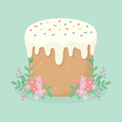 Easter cake with icing and floral decoration. Easter holiday element. Happy Easter vector illustration.