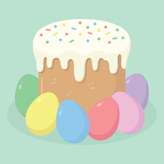 Easter cake with icing and coloured eggs around. Easter holiday elements. Happy Easter vector illustration.