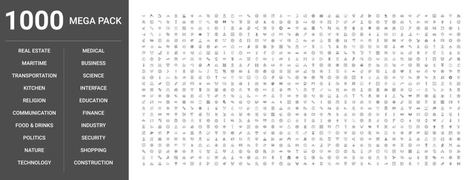 Set of 1000 thin line icons for business, medical, technology, security, real estate, finance, education, food, transportation, nature, politics, religion, science, industry, construction, maritime