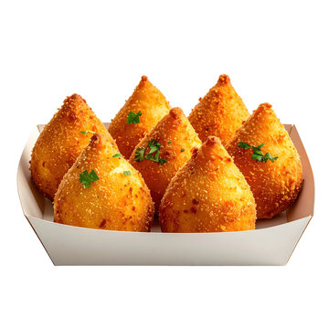 Golden coxinhas brazilian chicken croquettes in a white takeout container isolated white background
