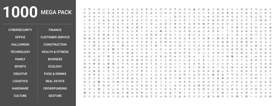 Set of 1000 thin line outline icons such as business, technology, finance, food, drinks, sports, construction, fitness, ecology, real estate, customer service, hardware, logistics, family, Halloween, 