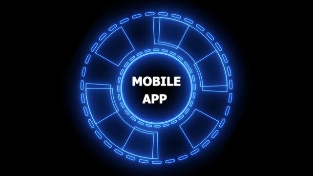 Inscription MOBILE APPS DEVELOPMENT on the virtual display. Cloud technology concept. Glowing blue neon line circle animation.4k animation motion graphics video.