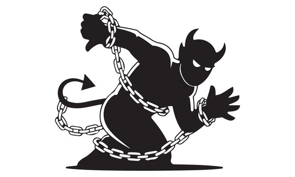 Silhouette of a chained devil figure struggling against its bonds, concept of entrapment