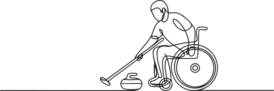 Continuous Line Drawing of a Wheelchair Curling Athlete, Paralympic Winter Sport Graphic