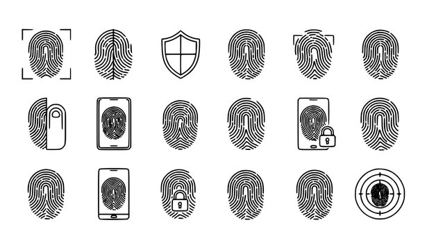 SEO Title:
Minimal fingerprint outline icons set with biometric security and digital touch id symbols