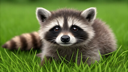 Obraz premium Cute Baby Raccoon Lying on Green Grass Close Up Portrait