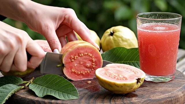 Ripe Pink Guava Halves Being Sliced on a Wooden Board Next to a Glass of Fresh Guava Juice