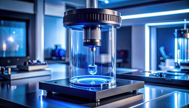 A detailed photographic capture of a FlyPro Firefly Spectrophotometer cuvette holder with a single cuvette inserted, illuminated by a focused beam of blue light for precise analysis.