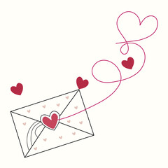 Fototapeta premium Romantic love letter envelope with hearts and flowing line