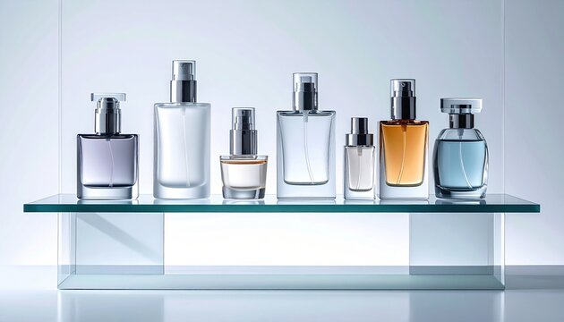 FlyPro Firefly Minimalist glass perfume display shelf showcasing sleek metallic atomizers and frosted flacons in a high-resolution photograph.