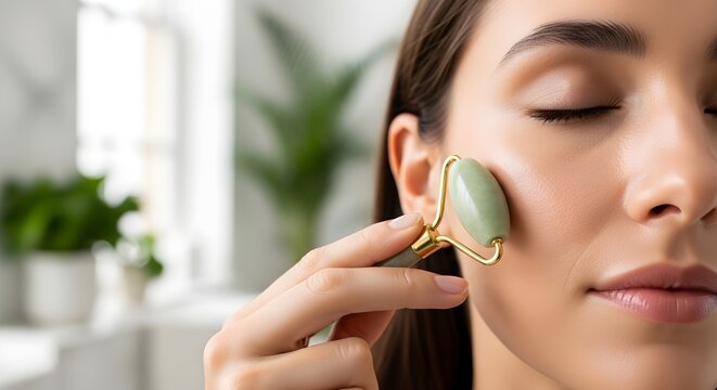 Woman Using Jade Roller for Facial Massage.